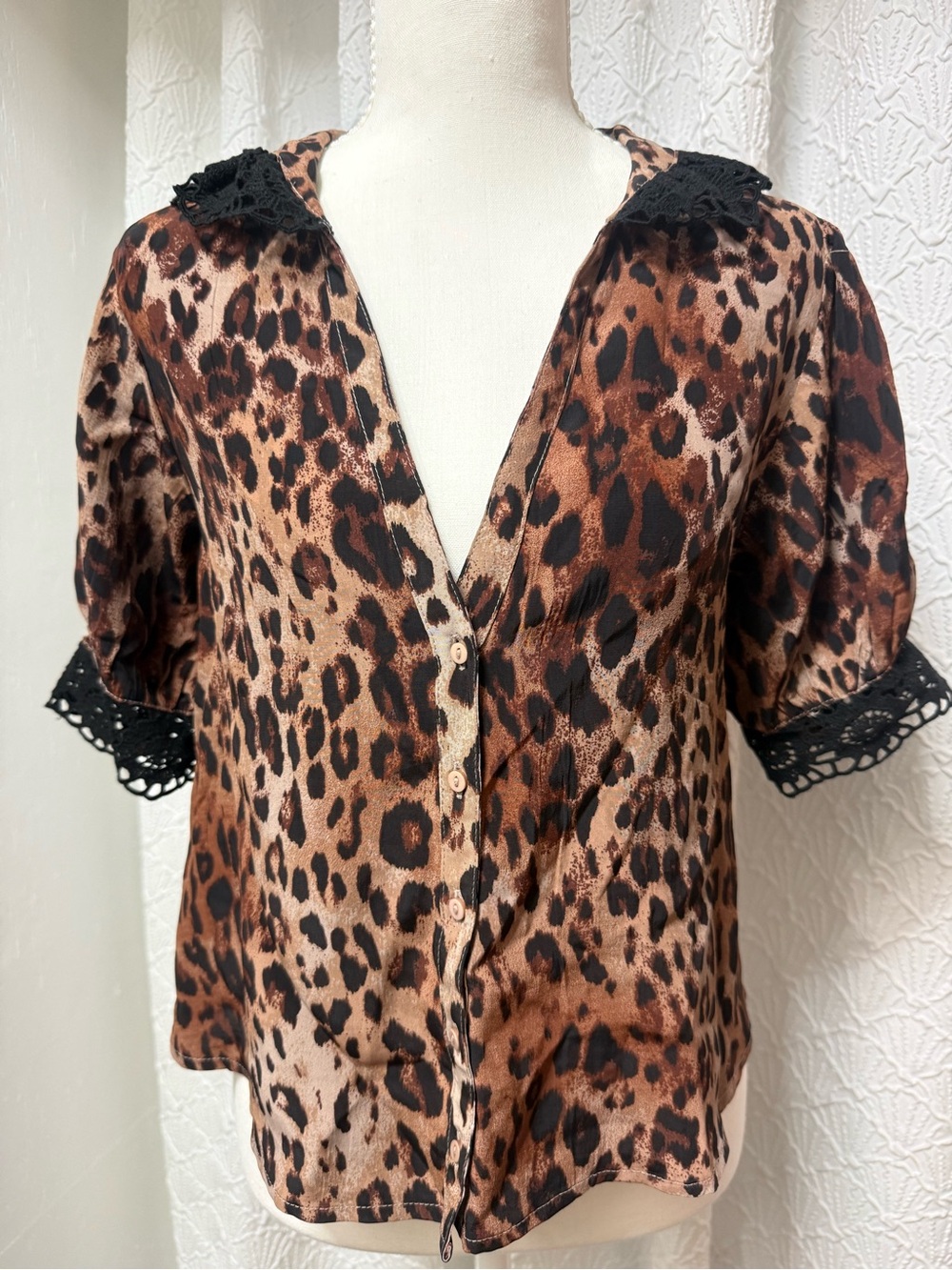Free People Leopard Print Short Sleeve Blouse with Black Lace Trim